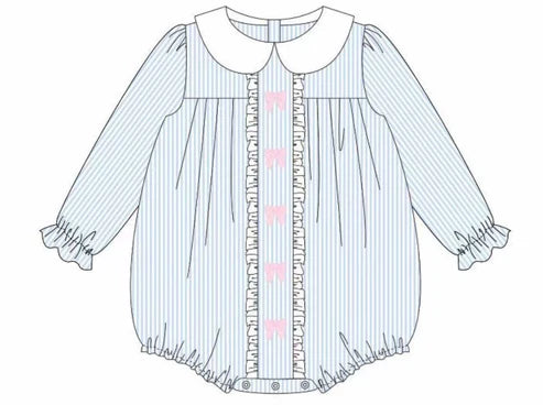 9.29 LR2726 Baby Girls Blue Stripe Bows Valentine Ruffle Rompers Preorder