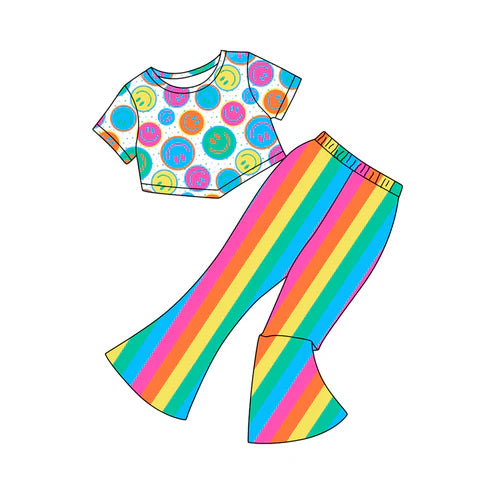 6.19 GSPO2016 Baby Girls Short Sleeves Colorful Smiles Top Rainbows Stripe Pant Set Preorder