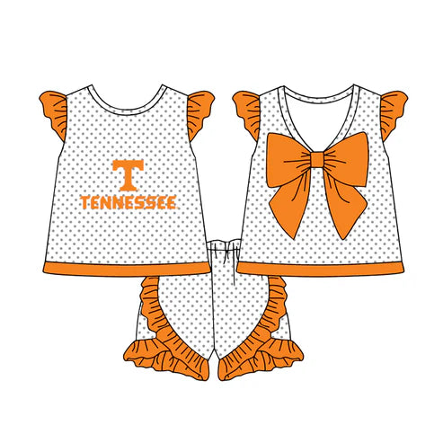6.21 Custom Moq 3 Baby Girls Orange Flutter Sleeves Polka Dots Tennessee Top Ruffle Shorts Team Set