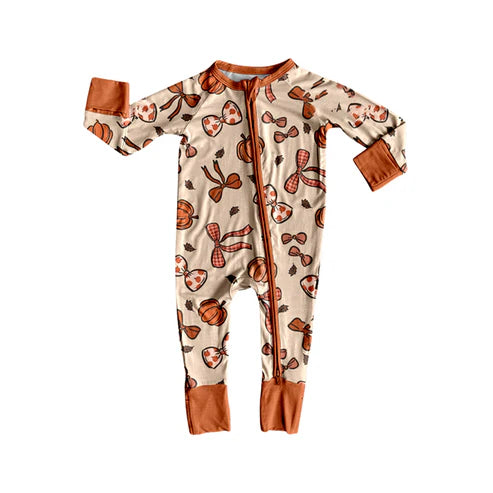 8.6 LR2524 Baby Boys Long Sleeves Pumpkins Bows Fall Zipper Footie Rompers Preorder