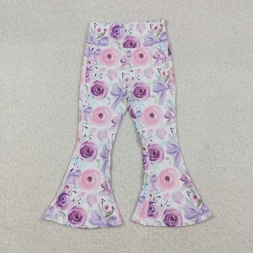 9.24 P0774 Baby Girls Purple Flower Bows Bell Bottom Yoga Pants