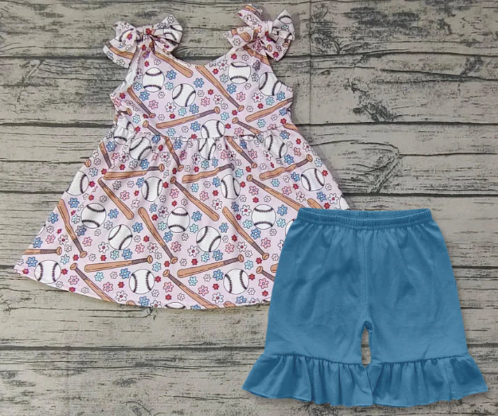 5.12 Girls Baseball Suspenders Blue Shorts Set