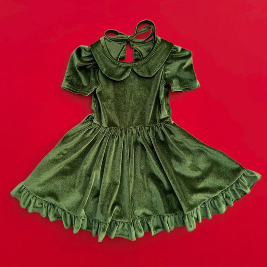 6.12 GSD2615 Baby Girls Short Sleeves Green Velvet Ruffle Knee Length Dresses Preorder