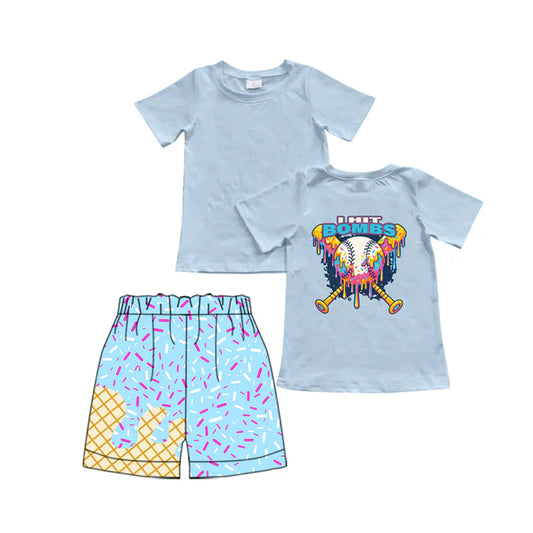 6.16 BSSO1535 Baby Boys Blue Short Sleeves Bombs Baseball Top Ice Cream Drip Team Short Set Preorder