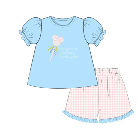 3.31 GSSO2457 Baby Girls Blue Short Ruffle Sleeves Cartoon Mouse Candy Tunic Plaid Short Set Preorder