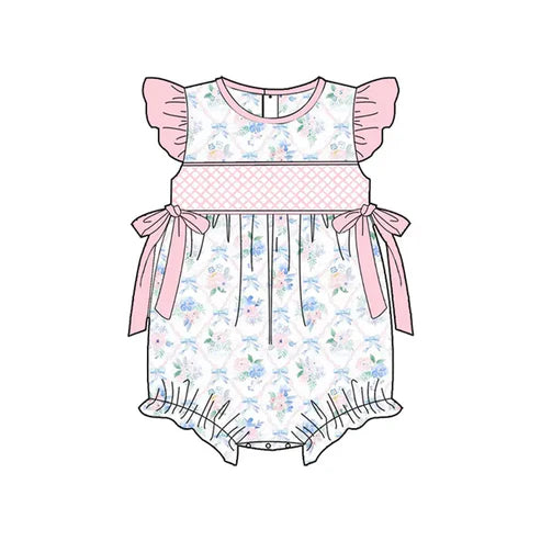 3.22 R2923 Baby Infant Girls Pink Flutter Sleeves Floral Bows Top Ruffle Rompers Preorder