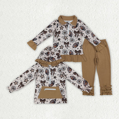 11.1 Sibling Baby Girls Bows Footballs Zip Pullover Top Pants Team Clothes Sets Ruffle Hoodies Top