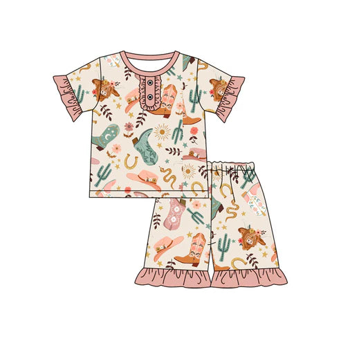 4.18 GSSO2548 Baby Girls Peach Highland Cows Boots Button Top Short Pajamas Set Preorder