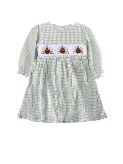 3.29 GLD1025 Baby Girls Aqua Plaid Long Ruffle Sleeves Turkey Smocked Knee Length Dresses Preorder