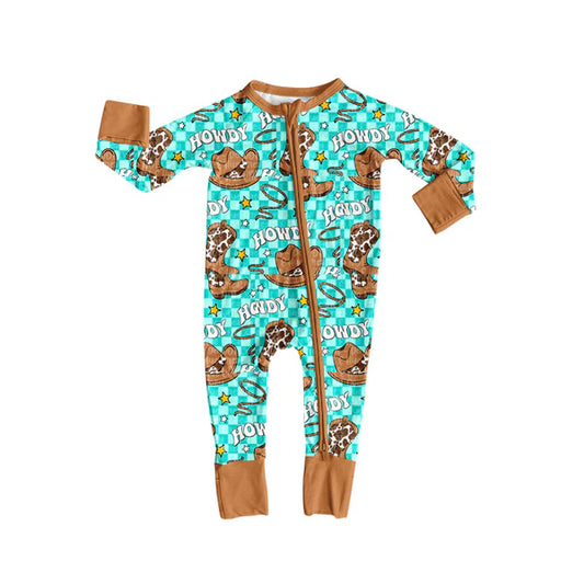 8.2 LR2517 Baby Boys Western Howdy Hats Plaid Zipper Footie Rompers Preorder