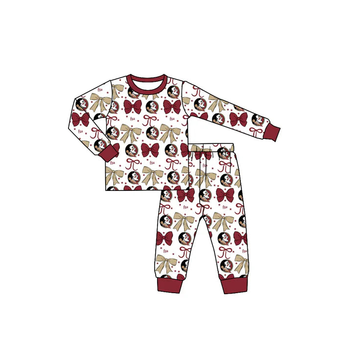 9.5 Custom Moq 5 Baby Girls Red FSU Team Bows Top Pants Pajamas Sets