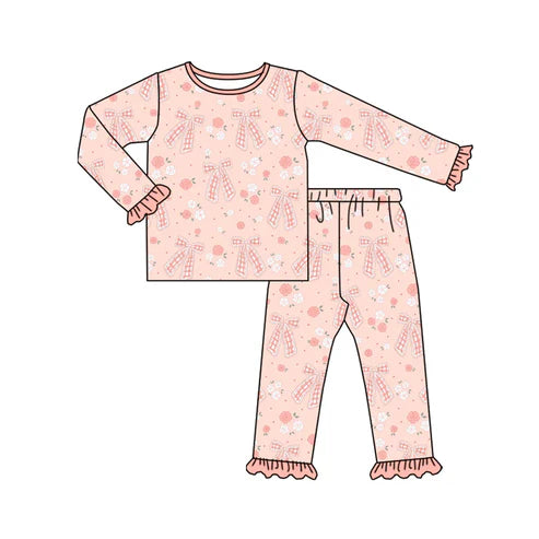 8.8 Custom Moq 5 Baby Girls Pink Bows Flowers Top Ruffle Pant Pajamas Set