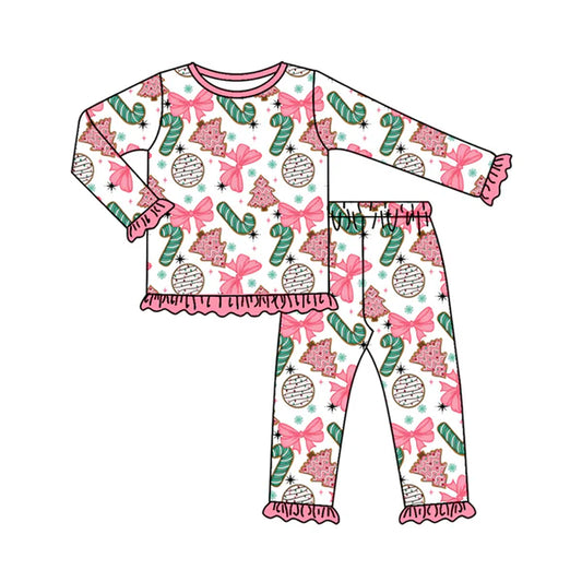 7.25 GLP2632 Baby Girls Long Ruffle Sleeves Christmas Trees Candy Cane Top Pants Pajamas Set Preorder