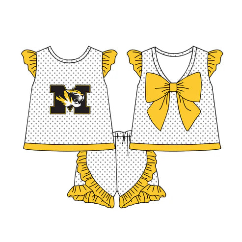 6.21 Custom Moq 3 Baby Girls Yellow Flutter Sleeves Polka Dots Lion M Top Ruffle Shorts Team Set