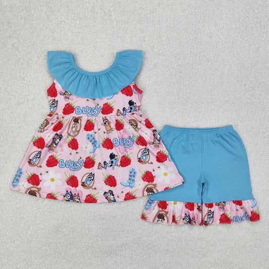 3.17 GSSO1904 Baby Girls Dogs Strawberry Bows Tunic Ruffle Shorts Clothes Set