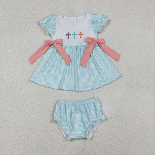 11.1 GBO0480 Embroidery Crosses Baby Girls Bows Tunic Bummies Easter Clothes Set