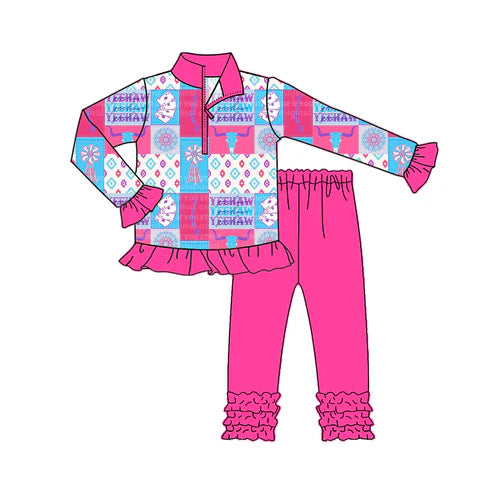 7.28 GLP2609 Baby Girls Long Ruffle Sleeves Aztec Bull Skull Zipper Top Legging Pant Set Preorder