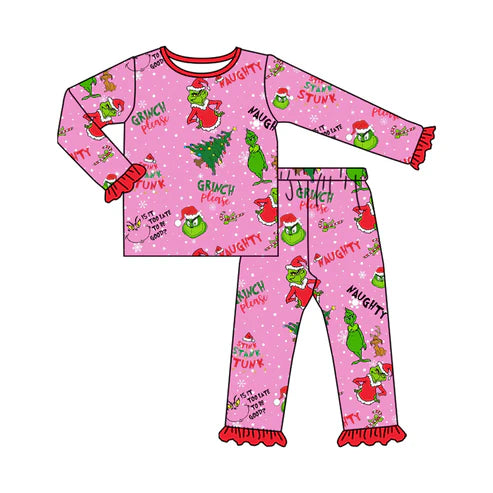 8.16 GLP2710 Baby Girls Christmas Trees Green Face Top Ruffle Pant Pajamas Set Preorder