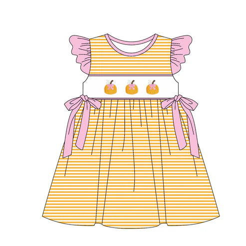 6.13 GSD2594 Baby Girls Flutter Sleeves Pumpkins Yellow Stripe Bows Knee Length Dresses Preorder