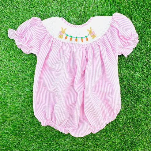 10.30  SR3416 Baby Girls Pink Stripe Rabbits Carrots Easter Ruffle Rompers Preorder