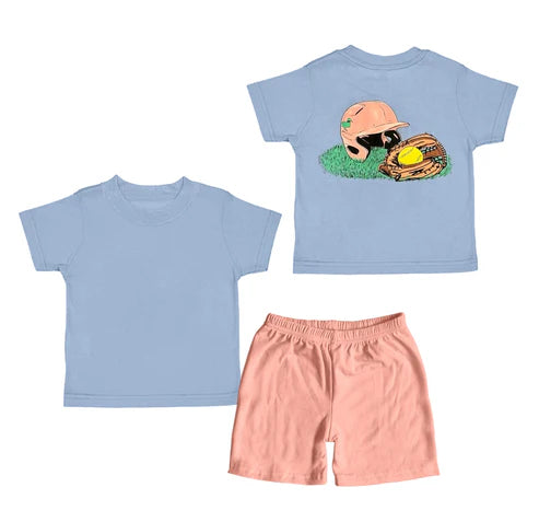 6.19 BSSO1526 Baby Boys Blue Short Sleeves Baseball Hats Top Peach Short Set Preorder