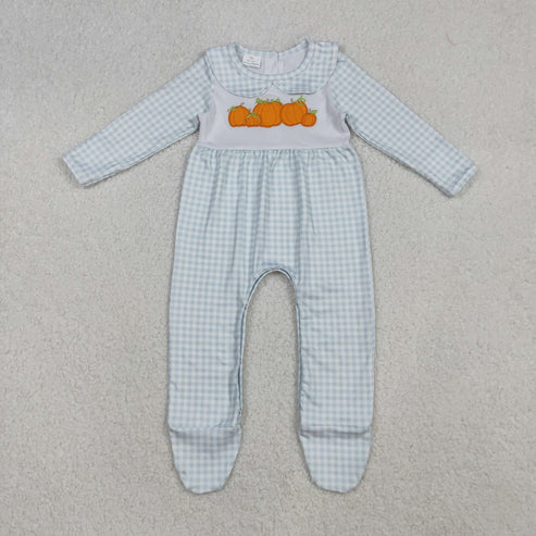 9.24 LR2560 Embroidery Baby Girls Light Blue Plaid Pumpkins Fall Footed Romper
