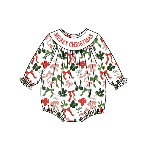 6.6 LR2276 Baby Girls Long Sleeves Smocked Merry Christmas Colorful Bows Ruffle Rompers Preorder
