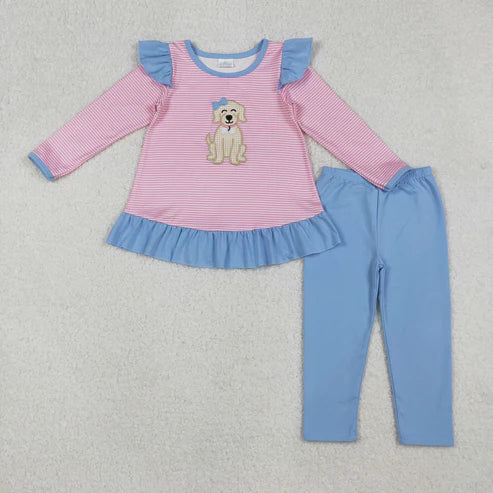 10.7 GLP2725 Embroidery Baby Girls Pink Stripe Dogs Tunic Legging Pant Clothes Set