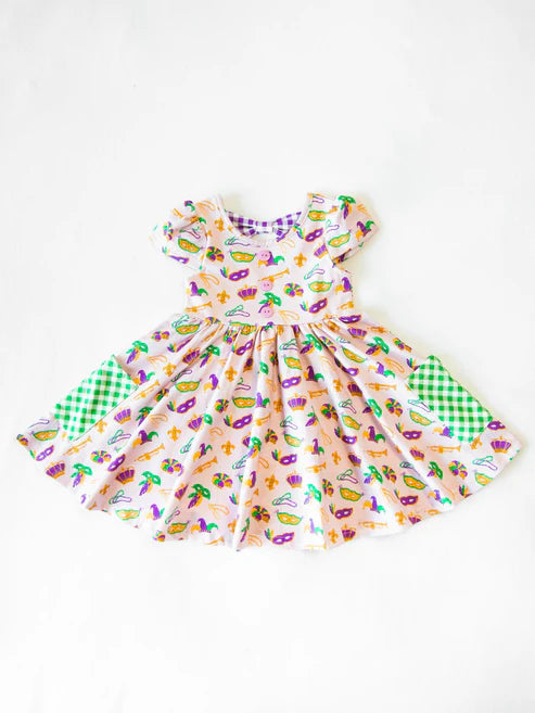 9.29 GSD2831 Baby Girls Masks Anchors Pockets Mardigras Knee Length Dresses Preorder