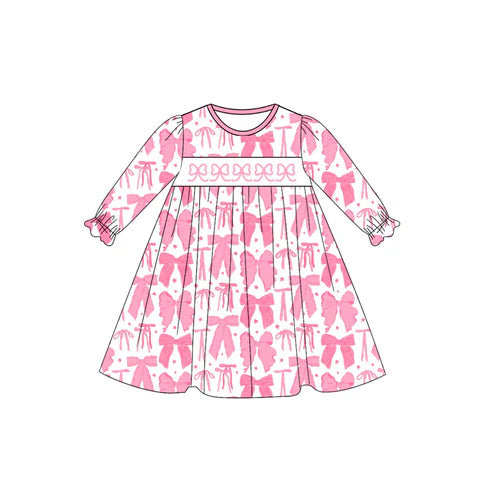 7.30 GLD1205 Baby Girls Long Ruffle Sleeves Pink Bows Plaid Knee Length Dress Preorder