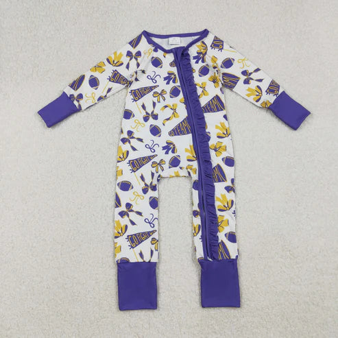 9.29 LR2513 Baby Girls Purple Bows Footballs Plaid Ruffle Zipper Team Romper