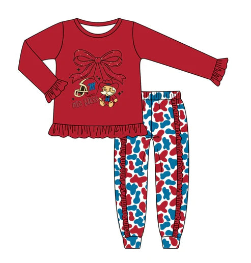 8.8 Custom Moq 5 Baby Girls Ole Miss Bows Leopard Team Top Pants Clothes Sets