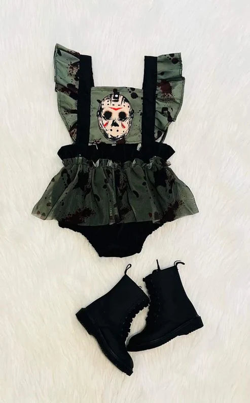 8.6 SR3203 Baby Girls Flutter Sleeves Skull Bummies Tulle Halloween Rompers Preorder