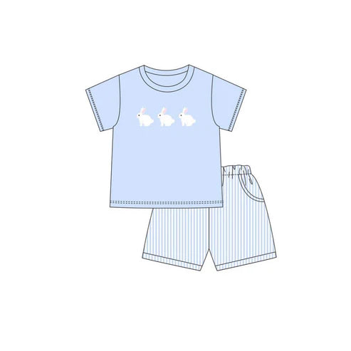 10.21 BSSO1560 Baby Boys Blue Short Sleeve Rabbits Top Stripe Pockets Shorts Easter Clothes Sets