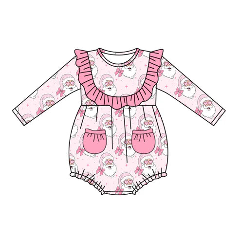 5.22 LR2195 Baby Infant Girls Long Sleeves Pink Santa Pockets Ruffle Rompers Preorder