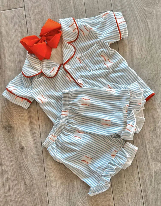 11.28 MOQ：5pcs GSSO2941 pre-order baby girl clothes baseball print toddler girl summer outfit