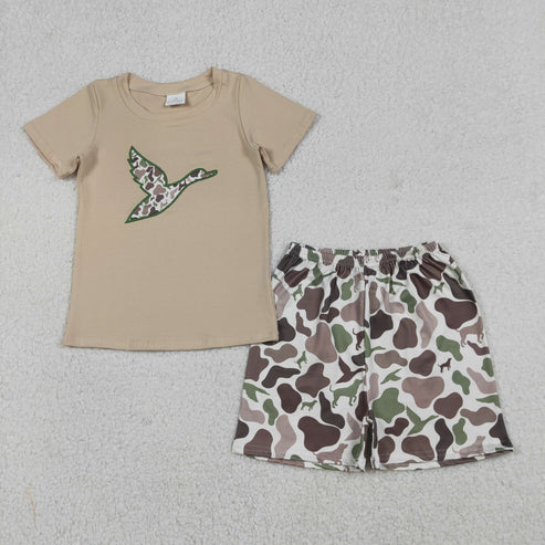 RTS NO MOQ（In Stock) BSSO1646 Embroidered Puppy and Duck Camouflage Short-Sleeve Shorts Set