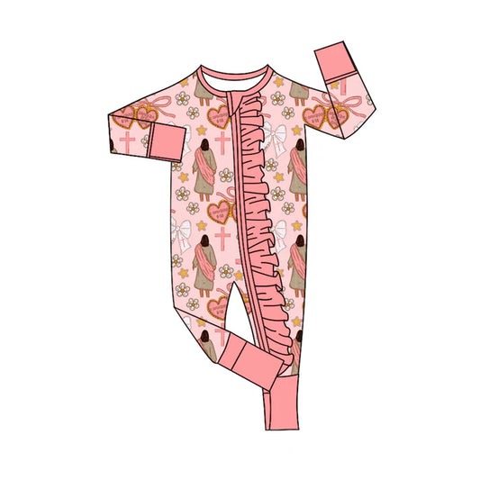 9.26 LR2697 Baby Girls Pink Nativity Crosses Christmas Ruffle Zipper Footie Rompers Preorder