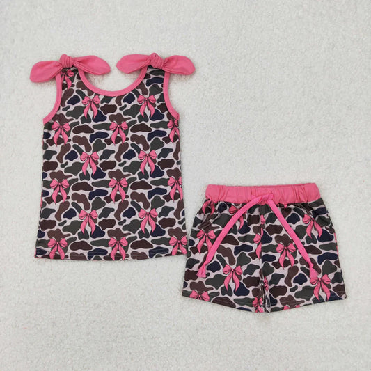 3.26 GSSO2083 Baby Girls Camo Pink Bows Top Shorts Clothes Set