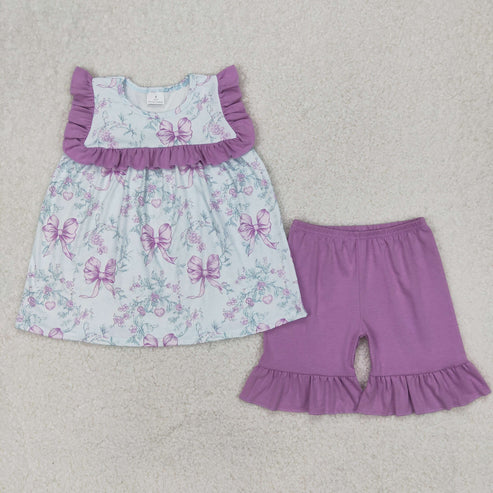 4.2 GSSO2315 Baby Girls Purple Flowers Flutter Sleeve Tunic Ruffle Shorts Clothes Set