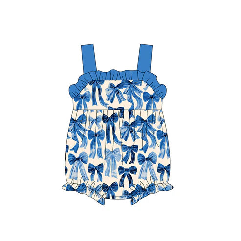 3.21  SR2919 Baby Infant Girls Blue Strap Bows Plaid Ruffle Rompers Preorder
