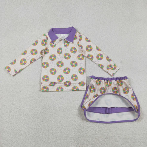 11.27 GLD1332 Baby Girls Donuts Checked Zipper Pullover Ruffle Skorts Mardigras Clothes Set