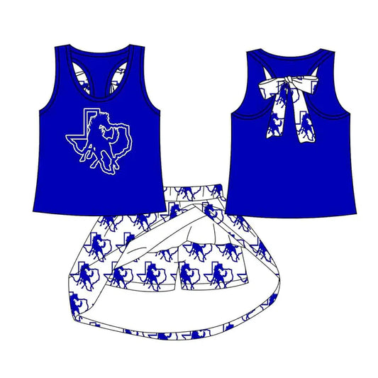 8.19 Custom Moq 5 Baby Girls Blue Horse vest team Top Skirt Skort Sets