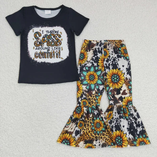 L-3.7 GSPO0484 Girls SASS Sunflower Black Short Sleeve Trouser Set