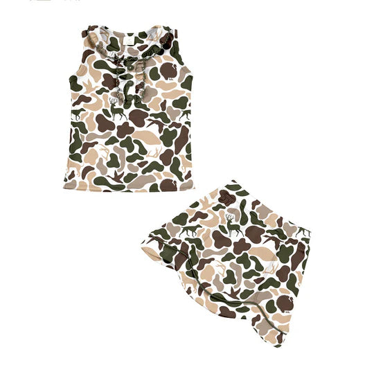 12.23 MOQ:5pcs GSD3349 pre-order toddler girl clothes camo print girl yoga summer skirt set