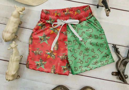 4.21 SS0596 Baby Boys Red Green Horse Rodeos Summer Pockets Shorts Bottoms Preorder