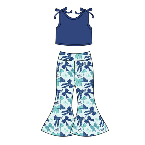 6.13 GSPO2036 Baby Girls Hot Blue Sleeveless Vest Top Bows Bell Bottom Pant Set Preorder