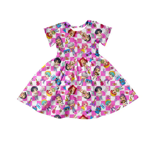 10.23 GSD2919 Baby Girls Short Sleeve Pink Checked Cartoon Girls Knee Length Dresses Preorder