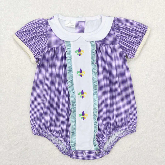 SR0471 Embroidery Carnival lace purple and white checked short sleeve onesie