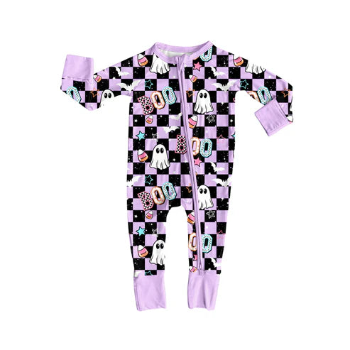8.5 LR2541 Baby Girls Black Plaid Ghosts Candy Halloween Zipper Footie Rompers Preorder